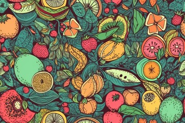 Wall Mural - colorful fruit platter on a wooden table. Generative AI