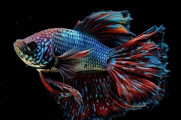 Poster - colorful fish swimming in a dark background. Generative AI