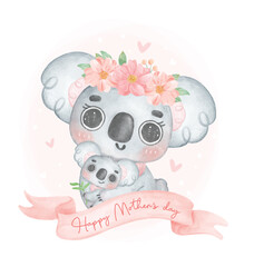  Cute iKoala mother and baby hugging in pink banner Happy mother's day, nursery watercolour animal cartoon hand painting