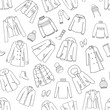 © Elena - Vector hand drawn doodle seamless pattern. Jumper and jacket sketch illustration. Outline illustration clothes, shoes