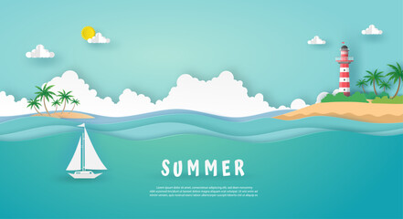 summer card in landscape view format with red - white lighthouse on island, coconut trees, green sea, clouds, blue sky, birds and white boat on sea wave. vector illustrator design paper art concept.