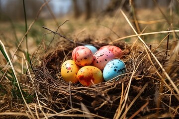 Canvas Print - birds nest filled with eggs on a bed of dry grass. Generative AI