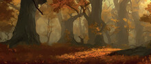 Deciduous Autumn Forest Landscape With Silhouettes Of Trees And Grass. Vector Autumn Background. Autumn Seasonal Banners