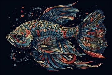  colorful fish swimming in a dark, mysterious environment. Generative AI
