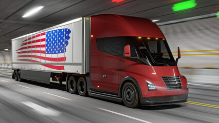 Wall Mural - Electric Semi-Trailer Truck driving through a tunnel 3D-render