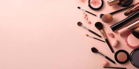 Wall Mural - Makeup brush and decorative cosmetics on a pastel pink background with empty space top view Generative AI