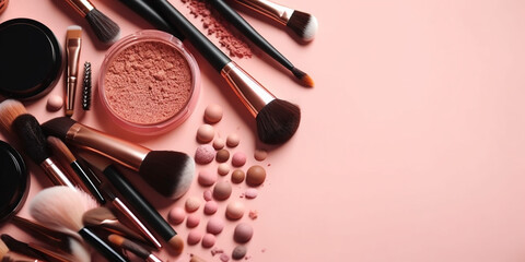 makeup brush and decorative cosmetics on a pastel pink background with empty space top view generati