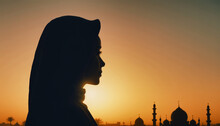 Silhouette Of Prayer Girl And Mosque In Sunset.Generative AI