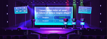 Quiz Game Show With Question Option Cartoon Background. Tv Contest Stage With Screen. Television Program To Guess Right Answer On Podium With Tribune And Spotlight. Front View Entertainment Broadcast.
