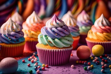 Whimsical Rainbow Cupcakes on a Rainbow Candy Land Fantasy background - Generative AI Illustration
