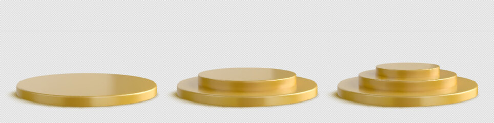 Wall Mural - 3d isolated gold podium vector set. golden circle pedestal pack to display product. premium round st