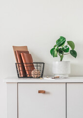 Minimalism interior decor - black metal basket with notebook and home flowers on a table in the living room