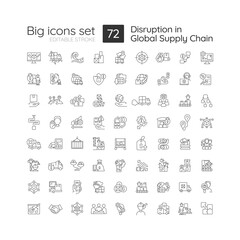 Sticker - Disruption in global supply chain linear icons set. Distribution industry issues. Logistic service improvement. Customizable thin line symbols. Isolated vector outline illustrations. Editable stroke