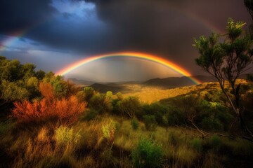 Canvas Print - double rainbow over a lush forest. Generative AI