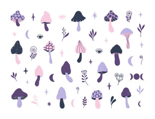 Wall Mural - Mystical mushrooms stickers flat vector illustration. Celestial fungi with moon, third eyes, floral. Cartoon clipart isolated on white. Whimsical plant for daily planner, organizer, scrapbook.