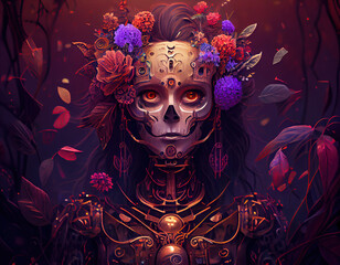 Futuristic Sugar Skull Woman Generative AI Flowers Robot Skeleton Floral Dia de los Muertos Day of the Dead Mexican Holiday