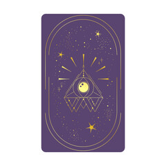 Wall Mural - Tarot card gold with mystic eye pyramid in frame isolated. Boho esoteric tarot card with eye and star. Vector illustration. Sacred geometry celestial triangle