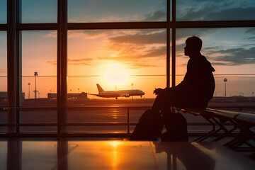 Wall Mural - Traveler person Waiting for a Flight at the Airport at sunset AI Generative