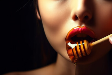 Erotic and Natural Pleasures. Satisfy your sweet pleasure with natural honey stick. sexy red Lips, Food and pleasure concept. AI Generative