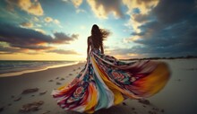 Graceful Woman Standing On Beach In Flowing Colorful Dress. Generative AI