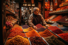 Spice Bazaar. Vibrant Market In Istanbul, Turkey Where A Vendor Sells Colorful Spices. Cultural Experience Concept. AI Generative