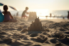 Childhood Fun In The Sun: Little Boy's Sandcastle Building Adventure On The Beach - AI Generative