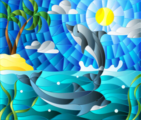 Wall Mural - Illustration in stained glass style with a pair of dolphins on the background of water ,cloud, sky ,sun and Islands with palm trees