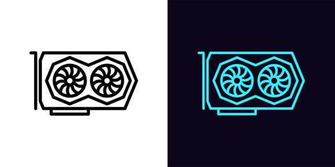 Sticker - Outline gaming video card icon, with editable stroke. Graphics card with two cooler fans, GPU device pictogram. Graphics processor for PC, device for crypto mining, computer hardware.