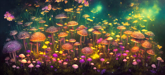 Mushrooms and flowers, midnight aura, night sky, dreamy, glowing, ultra-detailed artistic illustration, Generative AI