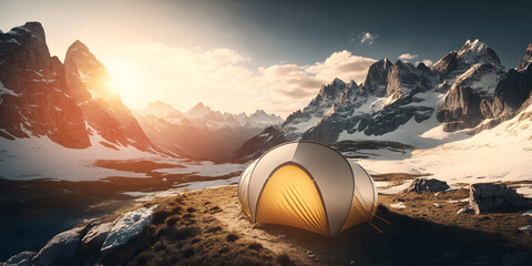 Wall Mural - Orange tent in snow mountains Alps on sunset light. Generation AI