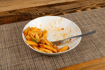 Wall Mural - Pasta Leftovers, Unfinished Meal on Dirty Plate, Uneaten Lunch Leftover, Macaroni, Smeared Sauce on White Plate