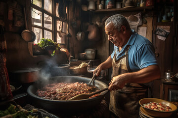 Authentic Brazilian Cuisine. Experience the rustic and flavorful dishes of a Brazilian chef cooking traditional food, including feijoada. Gastronomy and culinary concept. AI Generative