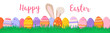 Happy Easter vector illustration on white background. Trendy Easter design with typography, eggs and grass in soft colors for banner, poster, greeting card.