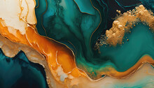 Flowing Modern Acrylic Pour Wallpaper In Beautiful Teal And Orange Colors. Liquid Texture With Gold Glitter. Generative AI.