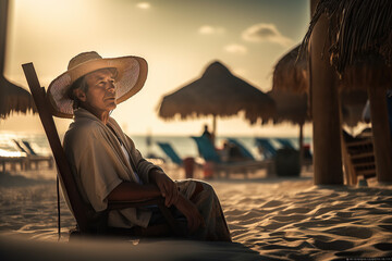 Wall Mural - A tourist is seen lounging on a comfortable sun lounger on a picturesque beach with crystal-clear blue waters and white sandy shores. The sun is shining brightly at sunset | AI GENERATIVE