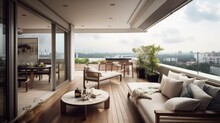 Interior Design Concept Condominium Penthouse Living Area With Wooden Balcony And Stunning View Of City Garden Beautiful Sky, Image Ai Generate