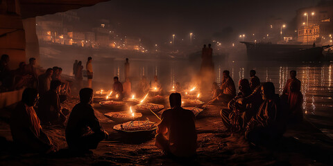 Ganges Serenity. Experience the serene beauty and sacred rituals along the banks of the Ganges river, as devotees engage in a traditional Hindu ceremony in Varanasi, India. Tranquil concept AI Generat