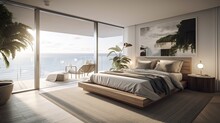 Modern Bedroom Interior, Windows Overlooking The Infinity Sea. Generative AI Technology 