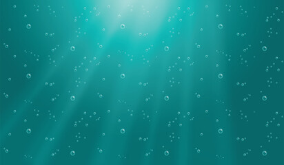 Wall Mural - Underwater background with water bubbles and undersea light rays shine