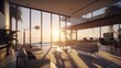 © Dniel - Interior of modern vacation home with ocean views Palm tress and the sun. Generative AI Technology