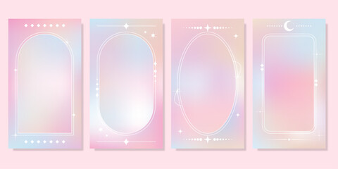 Set of fluid pastel holographic gradient background with trendy brutalism geometric shape. Modern wallpaper design template for social media story, banner, brochure, poster, flyer, presentation.