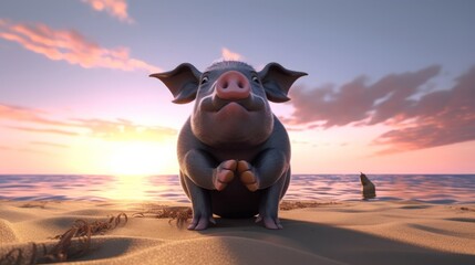 Pig practicing yoga on the beach at sunset. Generative ai