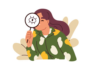 Wall Mural - person watching, observing with magnifier in hand. character spying, looking with magnifying glass, 