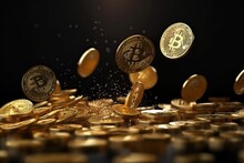 Rain Of Gold Bitcoin Coins On Black Background, Future Money, Generative AI.