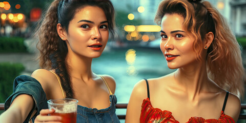 Wall Mural - Two intimate asian girls spend the outdoor time together, drinking at happy hour - Generative AI