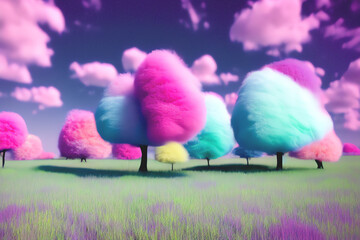  Pink trees from clouds. And a colorful landscape. Clouds. blue sky - created with Generative AI technology
