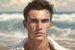 Handsome young man, portrait. Beauty guy in sea beach background. Sexy man in summer holiday. Generative ai illustration. Summer men's fashion