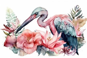 Sticker - colorful bird perched on a branch surrounded by vibrant flowers in a watercolor painting. Generative AI