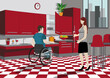 Un couple faisant la cuisine. Un homme handicapé faisant la cuisine chez lui avec un mobilier adapté à son handicap.