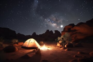 Motion time lapse of night sky milky way camping in the desert. Generative ai